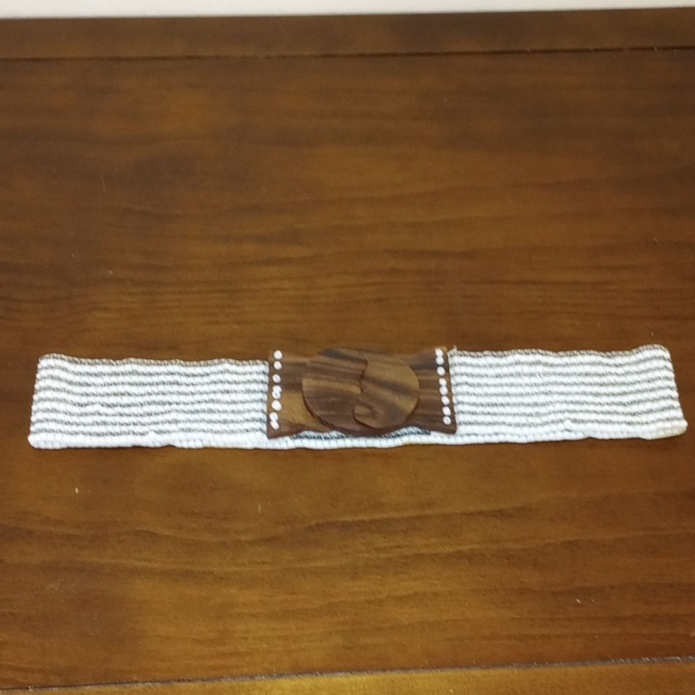 Seed Bead Stretch Belt with Wood Clasp, 30" - Vintage!